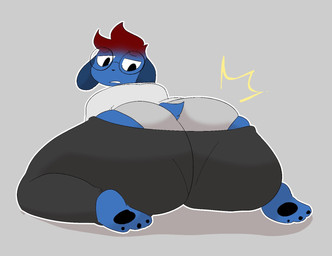 anthro big_butt black_eyes black_eyewear black_glasses black_nose black_pawpads blue_body blue_ears blue_fur blue_tail bottomwear bottomwear_down brown_hair butt clothed clothing eyewear fur glasses grey_background grey_bottomwear grey_clothing grey_pants grey_shirt grey_topwear grey_underwear hair half-closed_eyes kneeling looking_at_butt looking_at_own_butt looking_at_self looking_back male narrowed_eyes pants pants_down partially_clothed pawpads rear_view scut_tail shirt short_tail simple_background solo tail teeth thick_thighs three-quarter_view topwear underwear decoykidd animal_hospital roblox ron_from_accounting_(animal_hospital) lagomorph leporid mammal rabbit 2026 digital_media_(artwork) hi_res