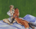 anthro bed black_nose bottomless bra brown_hair canid canine chakona_space clothed clothing detailed_background duo female fox fur furniture hair heather_bruton human human_on_anthro inside interspecies kissing low_res male male/female mammal mary-anne_renelle navel nude on_bed open_clothing open_shirt open_topwear orange_body orange_fur pillow red_fox romantic romantic_couple shirt story story_at_source tail topwear true_fox underwear
