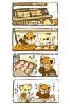 black_eyes black_nose brown_body chibi detailed_background dot_eyes duo eating feral food holidays kemono pastries pastry text shi_nominmin christmas santa_claus ailurid canid canine fox mammal red_panda 2023 comic hi_res japanese_text