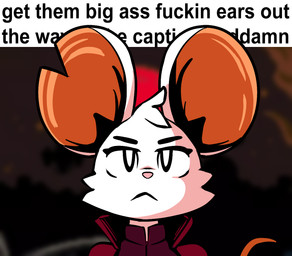 :< anthro big_ears blurred_background breaking_the_fourth_wall caption cheek_tuft clothed clothing coat facial_tuft female front_view frown fur humor narrowed_eyes notched_ear profanity red_clothing red_coat red_topwear solo tail text topwear tuft white_body white_fur cloudidoodles get_them_bigass_ears_out_of_the_caption mina_the_hollower yacht_club_games mina_(mina_the_hollower) mammal mouse murid murine rodent 2026 digital_drawing_(artwork) digital_media_(artwork) english_text headshot_portrait hi_res meme portrait
