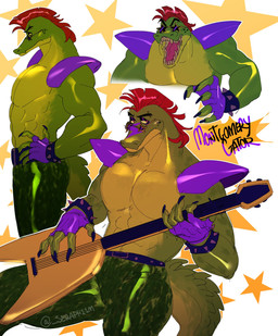 abs abstract_background alternate_species angry anthro anthrofied barazoku bass_guitar belt biceps big_muscles big_pecs bodypaint bottomwear bracelet claws clothed clothing eyebrow_piercing eyewear face_paint facial_piercing furrification glasses gloves green_body green_nose green_skin green_tail guitar hair half-closed_eyes hand_on_hip handwear holding_musical_instrument holding_object jewelry looking_aside looking_away looking_down male manly mohawk multicolored_body multicolored_skin multicolored_tail muscular musical_instrument narrowed_eyes open_mouth pants pecs piercing plucked_string_instrument red_hair rockstar sharp_teeth short_hair shoulder_guards simple_background solo spiked_belt spiked_bracelet spikes standing star star_glasses string_instrument tail teeth text thick_thighs tongue topless topless_anthro topless_male triceps white_background yellow_background yellow_body yellow_sclera yellow_skin yellow_tail seraph11m five_nights_at_freddy's five_nights_at_freddy's:_security_breach scottgames steel_wool_studios montgomery_gator alligator alligatorid crocodilian reptile scalie 2022 absurd_res english_text hi_res