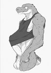 anthro balls biceps clothing erection genitals male penis shirt solo tank_top teeth topwear triceps resrabbutt helm_(connivingrat) crocodilian reptile scalie hi_res