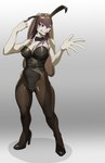 amelia_(disambiguation) black_outfit bow_(feature) bow_in_front bow_tie breasts brown_ears brown_hair bunny_costume camel_toe clothing cosplay costume fake_ears fake_rabbit_ears female footwear fur gradient_background hair hi_res high_heels ironic_fake_ears lagomorph legwear leporid long_hair mammal open_hand pantyhose purple_eyes rabbit rabbit_ears shadow shintori shirt_collar simple_background sneer solo standing white_body white_fur wide_stance
