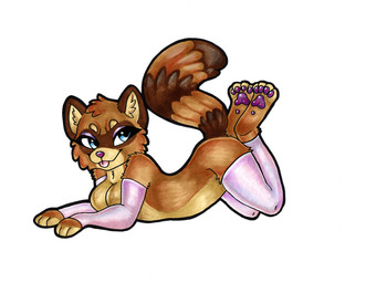 anthro bedroom_eyes blue_eyes breast_squish breasts brown_body brown_fur cheek_tuft clothing facial_tuft feet female feminine_pose flirting flirting_with_viewer fluffy fluffy_tail foot_focus fur lying_on_ground narrowed_eyes natural_colors on_ground pawpads purple_clothing reflective_clothing seducing_viewer seductive sitting_on_knees smile solo squish tail tongue tongue_out tuft stellakittyart mammal procyonid raccoon absurd_res hi_res traditional_media_(artwork)