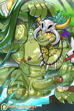 abs anthro areola armband_tattoo balls barazoku biceps big_muscles big_pecs bone bone_mask bone_necklace bottomwear claws clothed clothing disembodied_hand erection feathers finger_claws forearm_muscles foreskin forest genitals gold_tattoo green_body green_scales grin hand_on_chest hand_on_pecs handjob horned_skull huge_muscles huge_pecs huge_thighs humanoid_genitalia humanoid_penis jewelry loincloth loincloth_only male manly mask muscular muscular_anthro muscular_arms muscular_legs muscular_male muscular_thighs necklace nipples non-mammal_nipples nude partially_submerged pecs penile penis plant red_eyes rock scales sex skull skull_mask skull_pauldron smile solo tattoo thick_arms thick_thighs topless tree vein veiny_penis water wet wet_body wet_scales yellow_sclera yellow_tattoo sollyz terraria shimmered_witch_doctor witch_doctor_(terraria) lihzahrd lizard reptile scalie 2:3 censored mosaic_censorship