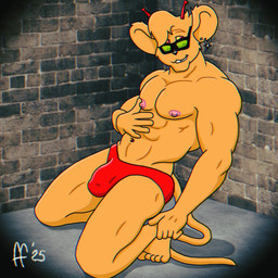 5_fingers 5_toes abs antennae_(anatomy) anthro black_nose brick_wall briefs buckteeth bulge clothed clothing detailed_bulge ear_piercing ear_ring feet fingers fur genital_outline hair hand_on_own_belly male muscular muscular_anthro muscular_male navel nipples orange_body orange_fur orange_hair pecs penis_outline piercing pink_nipples pose red_briefs red_clothing red_eyes red_underwear ring_piercing smile solo tail teeth toes topless topless_anthro topless_male underwear wall_(structure) wearing_eyewear yellow_sclera fabfelipe biker_mice_from_mars throttle_(bmfm) alien mammal mouse murid murine rodent 1:1 2025 chromatic_aberration digital_drawing_(artwork) digital_media_(artwork) hi_res pinup