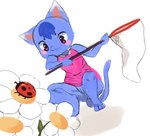 ambiguous_gender anthro blue_body blue_fur blush clothed clothing crouching dress duo feet female feral fingers flower fur genitals hair holding_object net no_underwear plant pussy simple_background size_difference smile toes 0nikakushi skeet_(artist) animal_crossing nintendo rosie_(animal_crossing) arthropod beetle cucujoid domestic_cat felid feline felis insect ladybug mammal digital_media_(artwork) hi_res