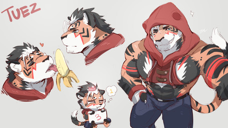 anthro banana barazoku blue_eyes blush bulge clothing food fruit hoodie licking looking_at_viewer male monotone_background navel plant smile solo text tongue topwear sollyz tuez_(sollyz) felid mammal pantherine tiger 16:9 2019 english_text widescreen