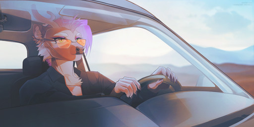 5_fingers anthro antlers biped car claws clothed clothed_anthro clothed_female clothing day eyewear female finger_claws fingers front_view fur glasses hair horn inner_ear_fluff sitting sky smile solo tuft vehicle unknowhiter deer mammal 2026 digital_drawing_(artwork) digital_media_(artwork) hi_res