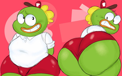 anthro anthrofied beak big_butt blonde_hair bottomwear bulge butt clothed clothing front_and_back front_view green_body hair hat headgear headwear huge_butt looking_at_viewer looking_back male multiple_angles overweight overweight_anthro overweight_male red_background red_bottomwear red_cap red_clothing shirt shorts shortstack shortstack_male simple_background slightly_chubby solo teeth thick_thighs topwear white_clothing white_shirt white_topwear wide_hips filthyopossum breadwinners nickelodeon nintendo buhdeuce_von_deuce_bersukovich_i anatid anseriform avian bird duck mammal 16:10 2020 absurd_res digital_media_(artwork) hi_res widescreen