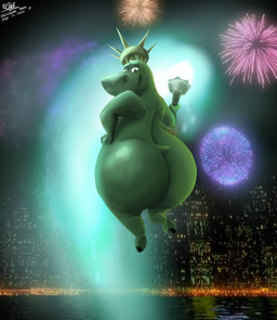 anthro big_butt bubble_butt butt female fireworks green_body huge_butt looking_at_viewer looking_back looking_back_at_viewer nude rear_view smile solo statue_of_liberty torch omegamax337 dreamworks madagascar_(series) gloria_(madagascar) common_hippopotamus hippopotamid mammal hi_res