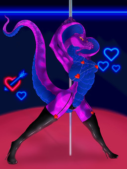 anthro big_breasts breasts clothing dancing female looking_at_viewer non-mammal_breasts pole scales smile snake_hood solo tail wolfbread andromeda_(wolfbread) cobra reptile scalie snake 3:4 digital_media_(artwork)