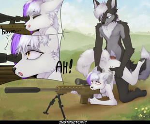 aiming amber_eyes ambiguous_penetration animal_genitalia animal_penis anthro back_tattoo bangs black_body black_claws black_nipples black_pawpads blue_eyes breasts canine_genitalia canine_penis chest_tattoo chest_tuft claws dipstick_tail duo ear_piercing eyebrow_piercing facial_piercing female fluffy fluffy_tail fur genitals grey_eye_shadow grey_hair gun hair highlights_(coloring) instructor knot leg_tattoo long_hair long_tail male male/female mane mane_hair markings medium_breasts multicolored_body nature nature_background neck_tuft nipples nude outside_sex pawpads penetration penis piercing ranged_weapon rifle scar sex sniper_rifle surprise_sex tail tail_markings tattoo tongue tongue_out tuft two_tone_body weapon white_body white_fur temmears ember_(nightdancer) nightdancer_(character) arctic_fox canid canine canis fox mammal true_fox wolf absurd_res hi_res