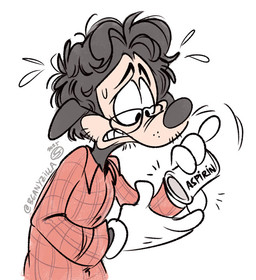 alternate_species anthro aspirin clothed clothing eyewear facial_hair fur furrification glasses gloves hair handwear male male_anthro simple_background snout solo speech_bubble teeth toony white_background zillabean disney goof_troop hannibal_(series) will_graham canid canine canis domestic_dog mammal digital_media_(artwork)