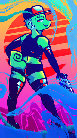 clothed clothing footwear gun hat headgear headwear high_heels legwear ranged_weapon shoes skimpy solo stockings synthwave weapon salamikii martyn_(salamikii) lizard reptile scalie 4k 9:16 absurd_res hi_res