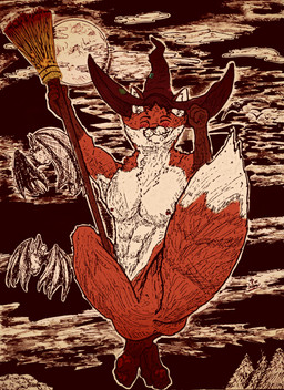 anthro broom broom_riding cleaning_tool feral flying light magic_user male moonlight solo witch_hat_only stretchy_foxglove fable_foxglove canid canine fox mammal absurd_res hi_res