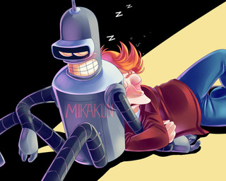 blush clothing duo eyes_closed hair jacket machine male male/male open_mouth orange_hair red_clothing red_jacket red_topwear sleeping topwear mikakun-stuffart comedy_central futurama bender_bending_rodríguez philip_j._fry human humanoid mammal robot robot_humanoid 5:4