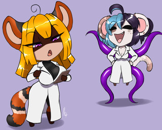 anthro big_breasts black_body black_fur black_hair blonde_hair blue_hair breast_squish breasts chibi cleavage clipboard clothed clothing coat duo female fur hair huge_breasts lab_coat laugh red_body red_fur squish tan_body tan_fur tentacles topwear furball celest raina ailurid domestic_cat felid feline felis mammal red_panda 2024 5:4