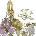 anthro armor belt blonde_hair brown_body brown_fur cape clothing ear_piercing ear_ring flying fur group hair hair_over_eyes headgear helicopter_ears helmet hug knight long_ears male piercing ponytail_ears ring_piercing size_difference warrior white_body white_fur yellow_body yellow_fur portugueselynx bandai_namco digimon angoramon animal_humanoid diarbbitmon digimon_(species) humanoid lagomorph lagomorph_humanoid leporid leporid_humanoid lopmon mammal mammal_humanoid rabbit rabbit_humanoid symbareangoramon terriermon hi_res