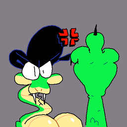 3_toes angry anthro big_breasts black_clothing black_hat black_headwear breasts claws clothing countershading cross-popping_vein fangs feet female female_anthro forked_tongue front_view gesture green_body green_scales green_skin grey_background hand_gesture hat hat_only headgear headgear_only headwear headwear_only looking_at_viewer middle_finger mostly_nude narrowed_eyes non-mammal_breasts scales simple_background solo teeth toe_claws toes tongue ventral_scales yellow_body yellow_countershading yellow_scales superiorfox lucy_swallows reptile scalie snake 1:1 2025 bust_portrait digital_media_(artwork) low_res portrait