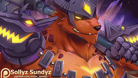 5_fingers anthro armor fingers grin male muscular muscular_anthro muscular_male patreon_logo smile solo text weapon sollyz league_of_legends patreon riot_games tencent nasus_(lol) canid canine canis jackal mammal 2017 2d_animation animated motion_tweening url