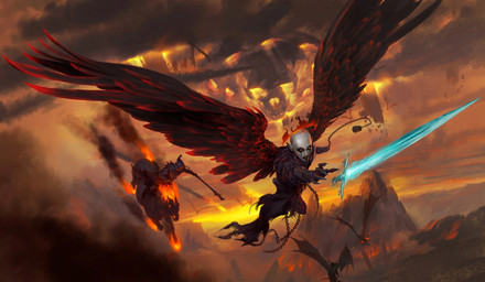 ambiguous_gender bone burning chain claws detailed_background feathered_wings feathers feral fire flying group hell holding_melee_weapon holding_object holding_sword holding_weapon horn humanoid_focus humanoid_pointy_ears melee_weapon membrane_(anatomy) membranous_wings outside pointy_ears skull sword weapon wings tyler_jacobson dungeons_and_dragons hasbro wizards_of_the_coast angel demon equid equine fallen_angel horse human humanoid mammal digital_media_(artwork) hi_res official_art