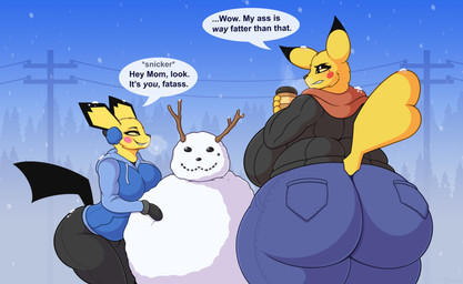 age_difference animal_ears anthro big_butt biped black_clothing blue_clothing bottomwear breasts butt clothed clothing detailed_background dialogue female huge_butt larger_female older_female outside pupils size_difference smaller_female smile snow snowing snowman speech_bubble tail text thick_thighs topwear yellow_body younger_female blepwep nintendo pokemon britney_(blepwep) jen_(blepwep) generation_1_pokemon generation_2_pokemon pichu pikachu pokemon_(species) hi_res daughter_(lore) mother_(lore) mother_and_child_(lore) mother_and_daughter_(lore) parent_(lore) parent_and_child_(lore) parent_and_daughter_(lore)