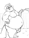 anthro balls belly big_belly clothing eyewear flaccid genitals glasses hat headgear headwear humanoid_hands male mature_male moobs nipples overweight overweight_male penis solo bravo canid canine fox mammal 2023 absurd_res hi_res monochrome sketch