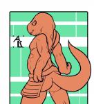 alexclimax anthro arched_back athletic athletic_anthro athletic_male butt clothed clothing flat_colors frown hi_res male scalie signature solo topless
