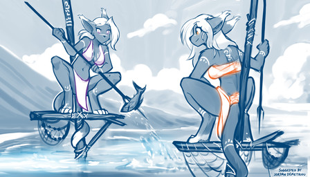 anthro bandeau biped bodypaint bottomwear bra breasts butt cleavage clothed clothed_anthro clothed_female clothing cloud countershade_toes crouching dark_body dark_fur digitigrade dipstick_tail duo eye_through_hair eyebrow_through_hair eyebrows feet female fingers fishing fishing_net front_view fur furgonomics hair holding_melee_weapon holding_object holding_polearm holding_trident holding_weapon impalement loincloth long_ears long_hair markings melee_weapon midriff navel net orange_eyes outside polearm purple_eyes rear_view sea ship shipwreck skimpy smile spearfishing tail tail_markings text toes topwear translucent translucent_hair tribal tribal_clothing tribal_markings trident underwear vehicle water watercraft weapon white_hair conditional_dnp tom_fischbach twokinds merenda_(twokinds) aquatic basitin fish mammal 2026 7:4 digital_drawing_(artwork) digital_media_(artwork) english_text hi_res monochrome sketch spot_color