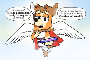 cape clothing costume crown dialogue female headgear marker reaching_towards_viewer solo speech_bubble text wings dm29 bluey's_quest_for_the_gold_pen bluey_(series) chilli_heeler creator_of_worlds australian_cattle_dog canid canine canis cattledog domestic_dog herding_dog mammal pastoral_dog 3:2 digital_drawing_(artwork) digital_media_(artwork) english_text
