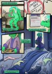 2019 anthro bathrobe bed bedroom chikiot chikiota clothing comic dragon english_text european_mythology flaccid foreskin furniture genitals green_body hi_res humanoid_genitalia humanoid_penis male mythological_creature mythological_scalie mythology nude open_mouth penis robe scalie tail text tissue used_tissue western_dragon yawn