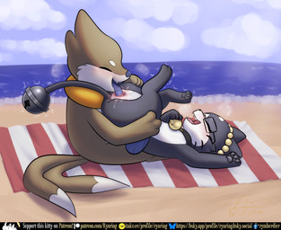 ambiguous_gender anus beach beach_towel bell blush bodily_fluids cloud cunnilingus duo female female/ambiguous feral fur genital_fluids genitals holding_both_legs holding_both_thighs lying on_back open_mouth oral outside sand seaside sex sky smile tail text tongue tongue_out towel vaginal vaginal_fluids vulva rymherdier beta_pokemon_games nintendo pokemon pokemon_gold_beta rynring beta_pokemon_(species) buizel felid generation_4_pokemon mammal pokemon_(species) rinrin_(pokemon_gold_beta) digital_media_(artwork) english_text hi_res url