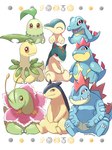 2022 3:4 ambiguous_gender bayleef blue_body blue_skin character_cipher chikorita claws croconaw cyndaquil evolutionary_family fangs feral feraligatr front_view generation_2_pokemon green_body group hi_res leaf looking_at_viewer meganium nintendo pokemon pokemon_(species) quilava red_eyes saki_pokeoekaki simple_background sitting smile starter_trio teeth text toe_claws totodile translated trio typhlosion unown_(pokemon) unown_h unown_j unown_o unown_t unown_text white_background yellow_body