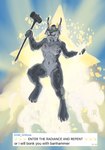 anthro banhammer breasts deity ear_tuft english_text felid feline female fluffy fluffy_tail flying fur green_eyes hi_res horn humor light looking_at_viewer lynx magic_user mammal markings nipples paws ponynok sky solo spots spotted_body spotted_fur sunlight tail text tuft whiskers