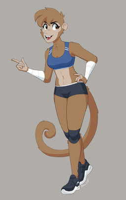 anthro arm_wraps athletic athletic_anthro athletic_female bottomwear bra breasts brown_body brown_eyes brown_fur brown_hair clothed clothing curled_tail fangs female footwear fur hair hand_on_hip hotpants knee_pads midriff open_mouth shoes shorts sneakers solo sports_bra standing tail teeth underwear wraps 427deer haplorhine mammal monkey primate absurd_res hi_res