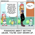 blue_body blue_skin boots bottomwear bracelet clothed clothing female footwear fully_clothed hat headgear headwear humor jewelry pants red_eyes shell shoes skirt tattoo text the_truth turtle_shell young josue_pereira nerf_now!! nintendo pokemon pokemon_trainer generation_1_pokemon generation_5_pokemon human mammal oshawott pokemon_(species) squirtle 1:1 comic english_text url