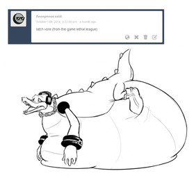 after_vore anthro belly big_belly clothing duo gloves handwear huge_belly male overweight simple_background text vore white_background saphiros sega sonic_the_hedgehog_(series) vector_the_crocodile crocodile crocodilian reptile scalie 2014 english_text