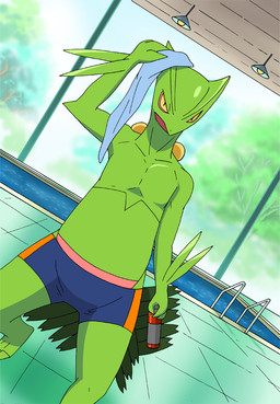 anthro bottle bottomwear clothing container excercise glistening glistening_body glistening_skin green_body green_skin hand_on_head intersex male poolside serious_face shirtless shirtless_male shorts solo sport swimmer swimming_pool swimming_trunks swimwear towel towel_on_head yellow_sclera sansui nintendo pokemon generation_3_pokemon pokemon_(species) reptile scalie sceptile