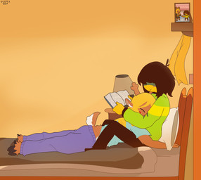 ambiguous_gender ambiguous_human anthro antlers bed blonde_hair blush book brown_body brown_fur brown_hair clothed clothed_ambiguous clothed_anthro clothed_female clothed_human clothing cloven_hooves duo eyes_closed female female/ambiguous female_anthro fur furniture hair hooves horn lying obscured_eyes on_bed on_front pillow reading reading_book sitting smile tail yellow_body kurisumasu_irl deltarune undertale_(series) kris_dreemurr noelle_holiday deer human mammal 2025 absurd_res dated digital_media_(artwork) hi_res signature female_(lore)