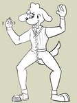 4_fingers 5_fingers anthro body_takeover clothing cross-popping_vein fingers footwear fur male one_shoe_on shaking shoes solo sweater sweater_vest toonification toony topwear transformation vest astroturf canid canine canis domestic_dog mammal hi_res line_art monochrome unavailable_at_source