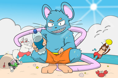 anthro ball beach blue_body blush bottomwear bulge clothing cloud green_body group humanoid_hands kemono male outside seaside shorts sun swimwear water white_body letter_route canid canine haplorhine house_mouse mammal monkey mouse murid murine primate rodent 2022 hi_res