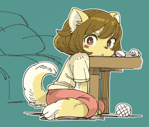 :< ambiguous_gender anthro brown_hair clothed clothing female fur hair kemono looking_at_viewer red_eyes solo white_body white_fur kouchainu canid canine canis domestic_dog mammal shiba_inu spitz 2018 absurd_res hi_res
