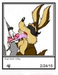 2015 anthro balls bodily_fluids bugs_bunny canid canine canis coyote cum cum_in_mouth cum_inside cum_on_face cum_on_tongue cumshot cumshot_in_mouth duo ejaculation english_text erection fellatio genital_fluids genitals humanoid_genitalia humanoid_penis interspecies lagomorph leporid licking looney_tunes low_res male male/male male_penetrated male_penetrating male_penetrating_male mammal open_mouth oral orgasm penetration penile penis penis_lick photo rabbit rcc2002 sex sitting text tongue tongue_out warner_brothers wile_e._coyote