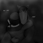 1:1 5_fingers abandoned abandoned_building beanie black_and_white canid canine canis clothed clothing comic dialogue domestic_dog duo embrace equid equine female fingers front_view hat headgear headwear hi_res hladilnik hoodie horse hug male mammal michelle_(hladilnik) monochrome rear_view text topwear will_(hladilnik) zebra