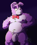 anthro blush bodily_fluids bow_tie buckteeth eyebrows genital_fluids genitals male nipples overweight overweight_male penis precum purple_body purple_nipples purple_nose red_bow_tie slightly_chubby slightly_chubby_male solo teeth billedraccoon72 five_nights_at_freddy's fnaf_vr_help_wanted scottgames bonnie_(fnaf) lagomorph leporid mammal rabbit 2022 digital_media_(artwork) hi_res