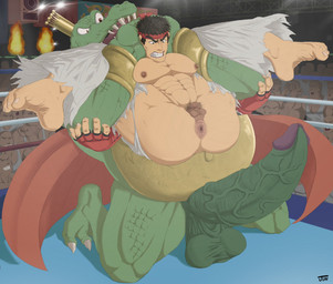 abs anthro anthro_dominating_human balls belly big_balls big_belly big_muscles big_nipples big_pecs big_penis carrying_another carrying_partner dominant dominant_anthro dominant_male duo erect_nipples erection eyebrows full_nelson genitals glans green_body holding_partner huge_balls huge_muscles huge_penis human_on_anthro imminent_anal interspecies larger_anthro larger_dom larger_male male male/male muscular navel nipples nude pecs penis size_difference smaller_human smaller_male submissive submissive_human submissive_male vein veiny_penis jundraws capcom donkey_kong_(series) nintendo street_fighter super_smash_bros. king_k._rool ryu_(street_fighter) crocodile crocodilian human kremling mammal reptile scalie crossover hi_res