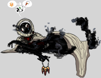 blush clothing fog genitals jewelry lying male necklace penis prehensile_penis robe skull_necklace smoke solo sparkles speech_bubble star unusual_anatomy welcometaco cult_of_the_lamb massive_monster_(studio) mystic_seller humanoid monster