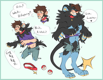 anthro anthrofied black_body black_fur blue_body blue_fur bottomwear claw_growth claws clothing collar crotch_tuft dialogue ear_expansion expansion eyes_closed fur fur_growth grin growling growth hair heart_symbol human_to_anthro male mane mane_hair markings multicolored_body multicolored_fur muscle_growth muscular muscular_anthro muscular_male pants paws pokeball pokemon_speak pubes round_ears sharp_teeth simple_background smile snout snout_growth solo species_transformation striped_body striped_fur striped_markings stripes tail tail_growth teeth text torn_clothing transformation transformation_sequence tuft kotacat4 nintendo pokemon felid generation_4_pokemon human luxray mammal pokemon_(species) 2026 absurd_res digital_drawing_(artwork) digital_media_(artwork) english_text hi_res sequence