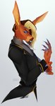 anthro blonde_hair blue_claws blue_eyeshadow brown_hair claws clothed clothed_anthro clothed_male clothing costume ear_piercing ear_ring eyeshadow fur hair makeup male multicolored_hair orange_body orange_fur piercing ring_piercing solo two_tone_hair yellow_eyes klemens sango_(taharon) kangaroo macropod mammal marsupial absurd_res hi_res